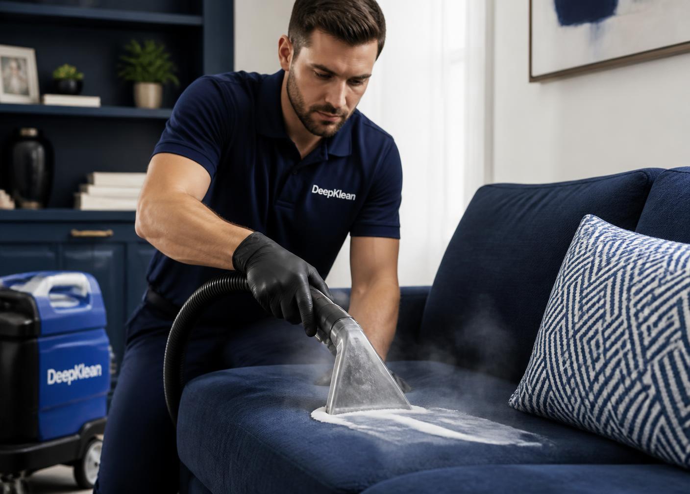 Técnico da Higienox a higienizar um sofá com equipamento profissional